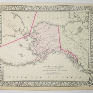 1872 hand colored antique Alaska Map by Mitchell Ak Russian Pre State Territory Aleutian Islands Behring Sea Kodiac Fox Island Bristol bay