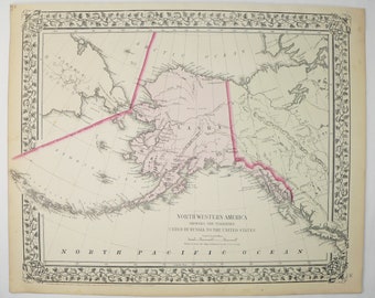 1872 hand colored antique Alaska Map by Mitchell Ak Russian Pre State Territory Aleutian Islands Behring Sea Kodiac Fox Island Bristol bay