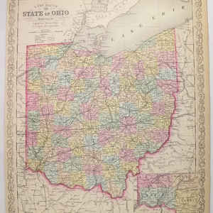 May include: An antique map of the State of Ohio, published by Charles Desilver in 1856. The map is printed in black and white with colored borders around each county. The map shows the major rivers, lakes, and cities in the state. The map is surrounded by a decorative border.