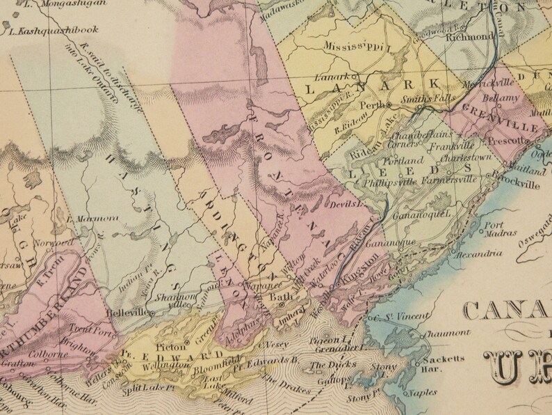 1852 Ontario Canada Map Handcolored Map Ontario Canada 1852 Etsy