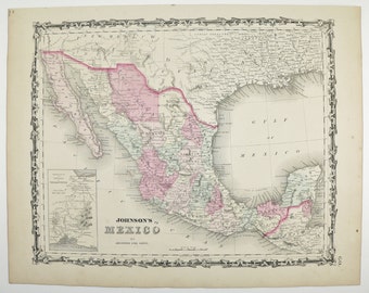 Antique Map of Mexico 1862 Johnson Map Yucatan Lower California Mexico Map, Original Vintage Map, Wedding Gift for Couple Antique Map