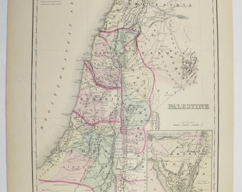 Antique Palestine Map Australia Vintage Map 1876 O.W. Gray Map, Israel Map, Syria, Sinai Peninsula Map, Australia Gift for Couple, Wall Map