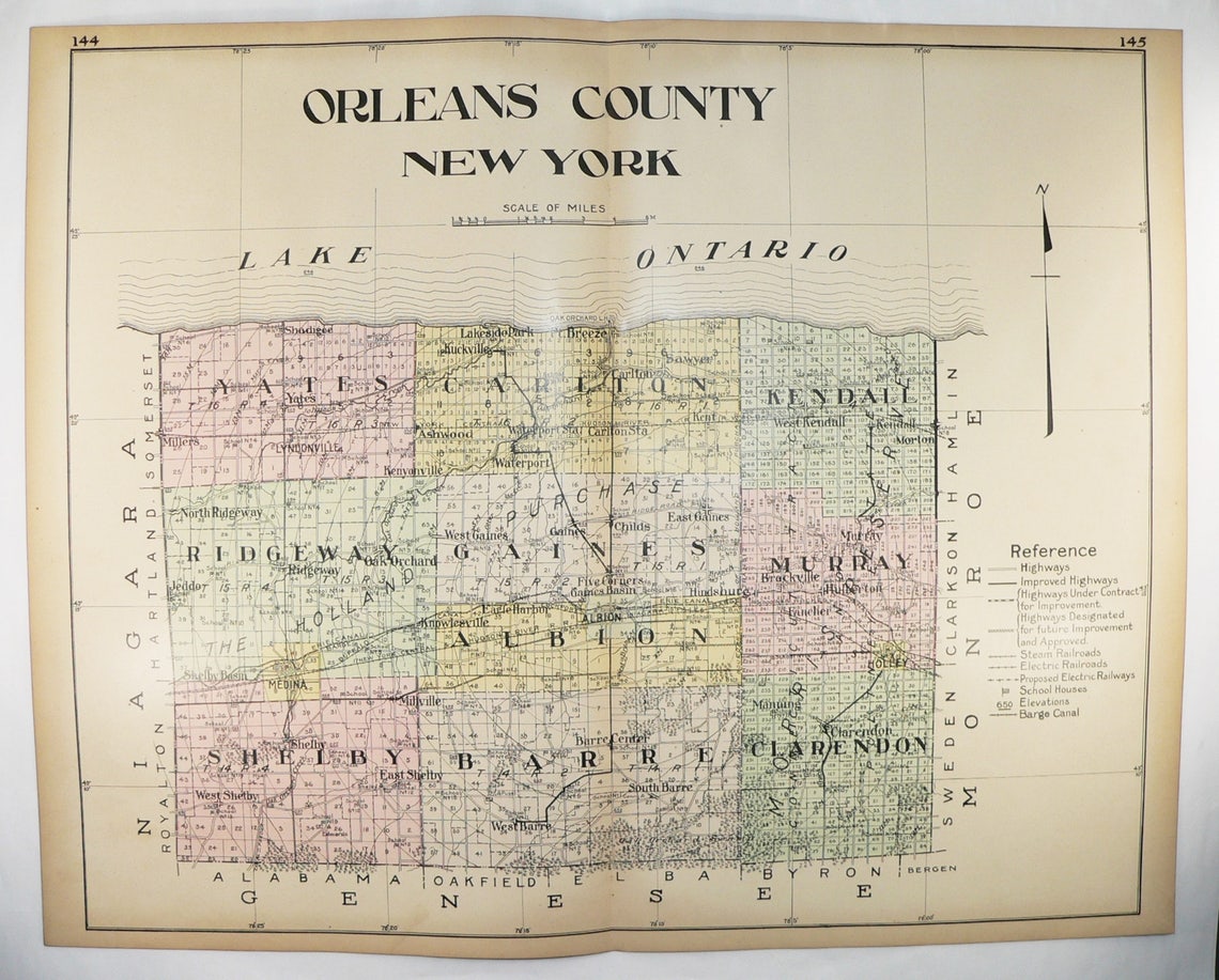 Large Vintage Map Orleans County New York Map 1912 NY County Etsy
