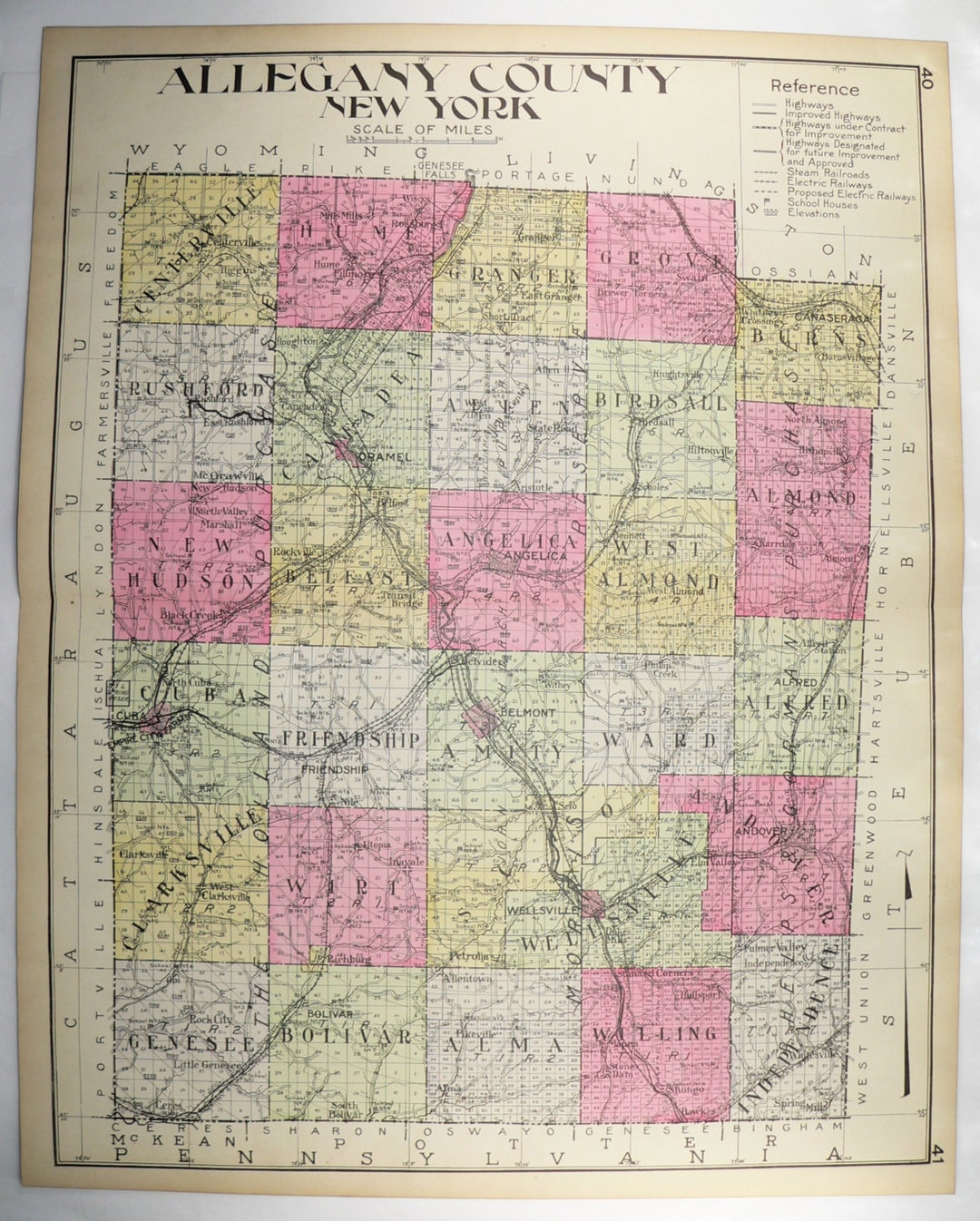 Vintage Map Allegany County NY Map, New York County 1912 Large Map