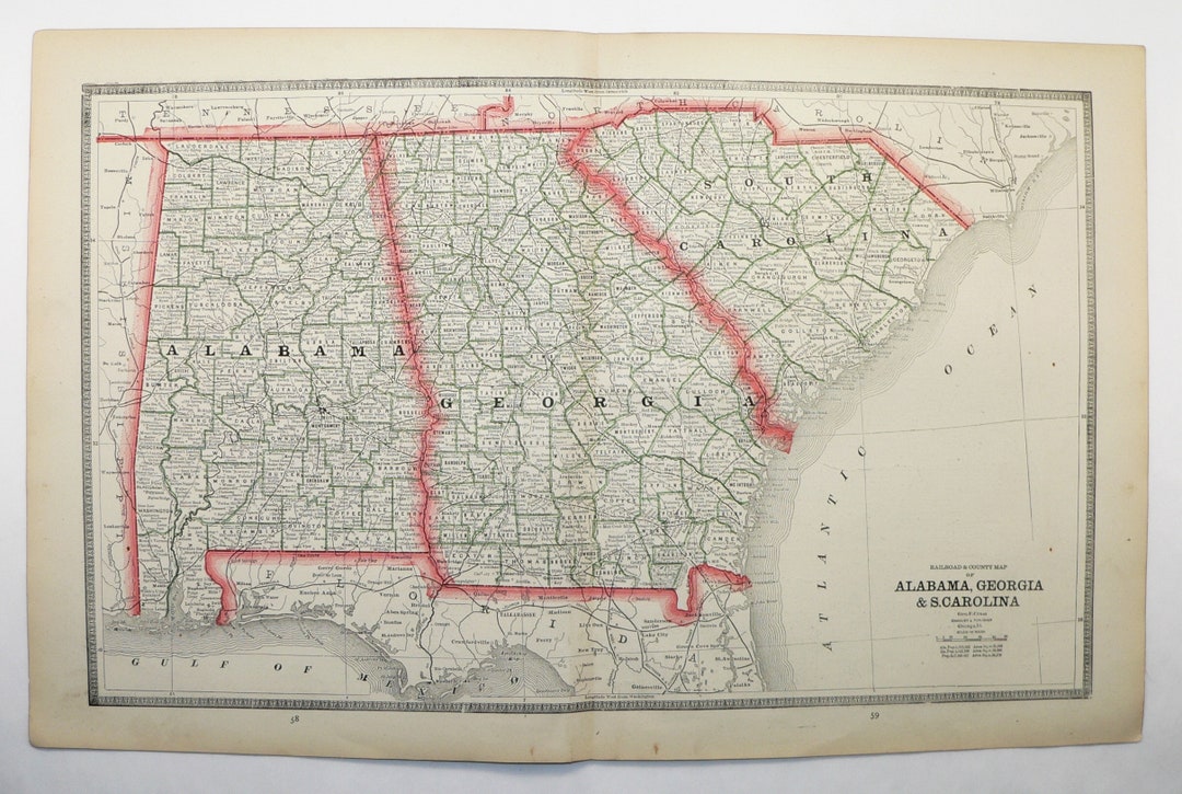 1884 Southern States Map South Carolina Georgia Alabama Etsy