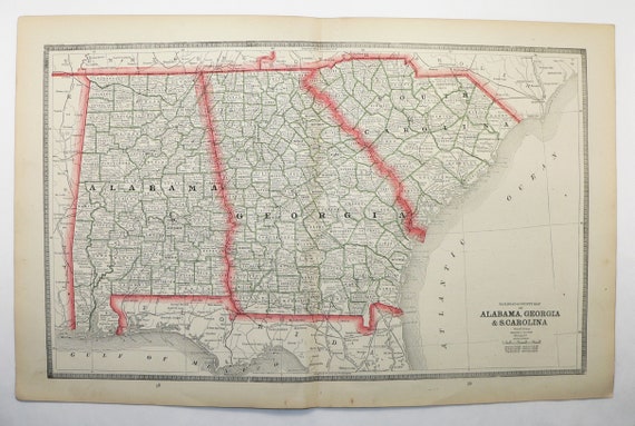 Map Of Southern Alabama 1884 Southern States Map South Carolina Georgia Alabama - Etsy Canada