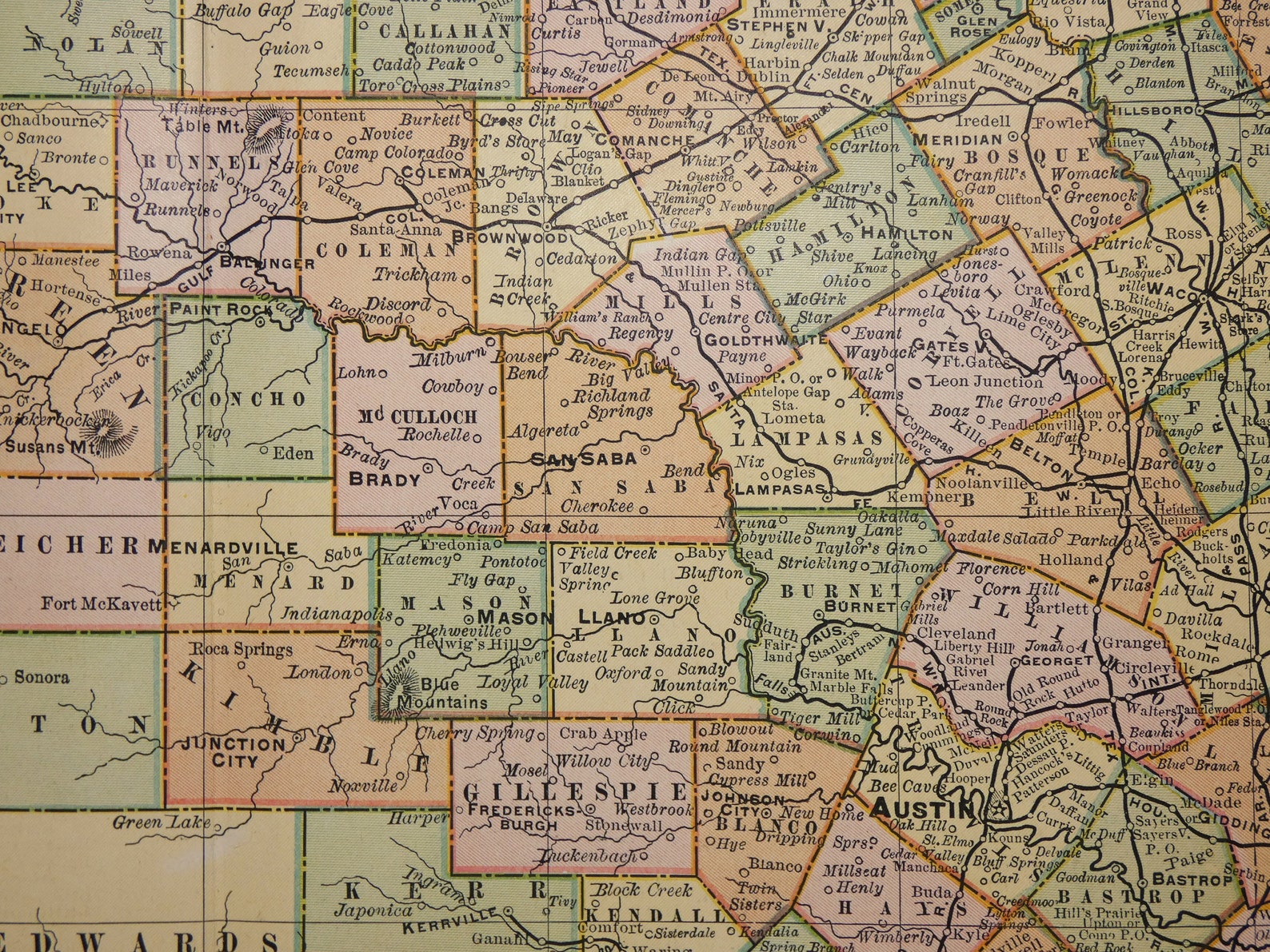 Large Texas Map 1892 Rand McNally Map of Texas State County Etsy