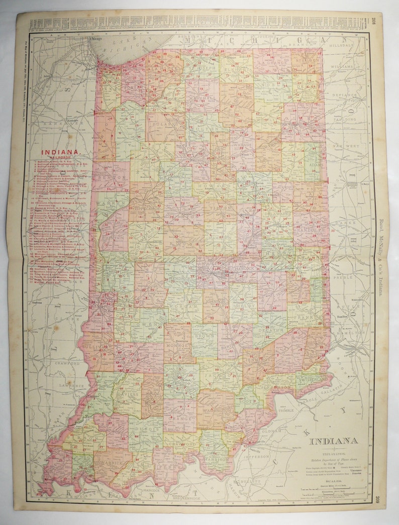 Large Indiana Map 1903 Original Vintage Map of Indiana State | Etsy