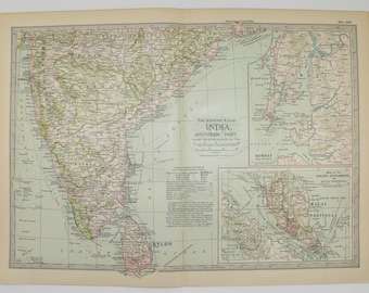 May include: A vintage map of Southern India, showing the country's geography and major cities. The map is printed on a cream-colored paper with a light green background. The map is titled "The Century Atlas, India, Southern Part."