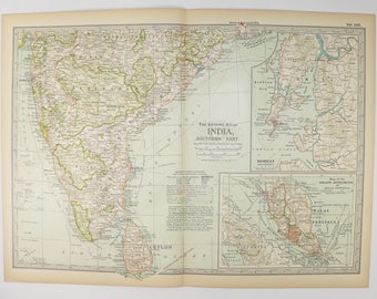 May include: A vintage map of India, showing the southern part of the country. The map is in shades of green, blue, and brown, with text labels in black. The map is titled "The Century Atlas India, Southern Part."