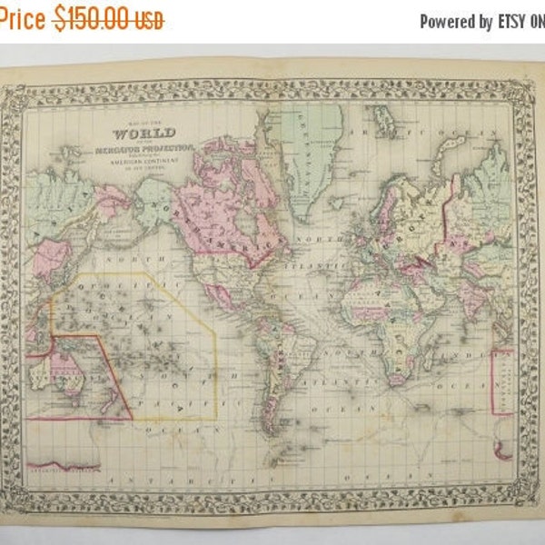 Antique World Map 1871 Mitchell Map of the World, Unique Office Decor Gift for Coworker, Man Cave Gift for Guy, Antique Old World Wall Map