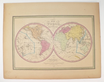 Original 1852 Antique World Map of the World, Hemisphere Map 1852 Mitchell Cowperthwait Map, Old World Map Unique Guy Gift for Office Art
