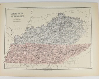 May include: A vintage map of Kentucky and Tennessee, showing the states' borders, major cities, and rivers. The map is printed in black and white on a cream-colored paper. The title "Kentucky and Tennessee" is printed at the top of the map.
