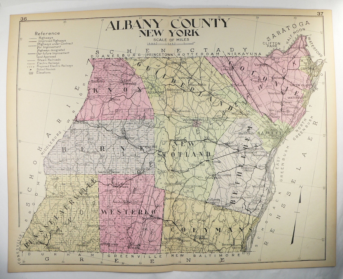 Albany County NY Map New York 1912 Large Map Genealogy History Etsy