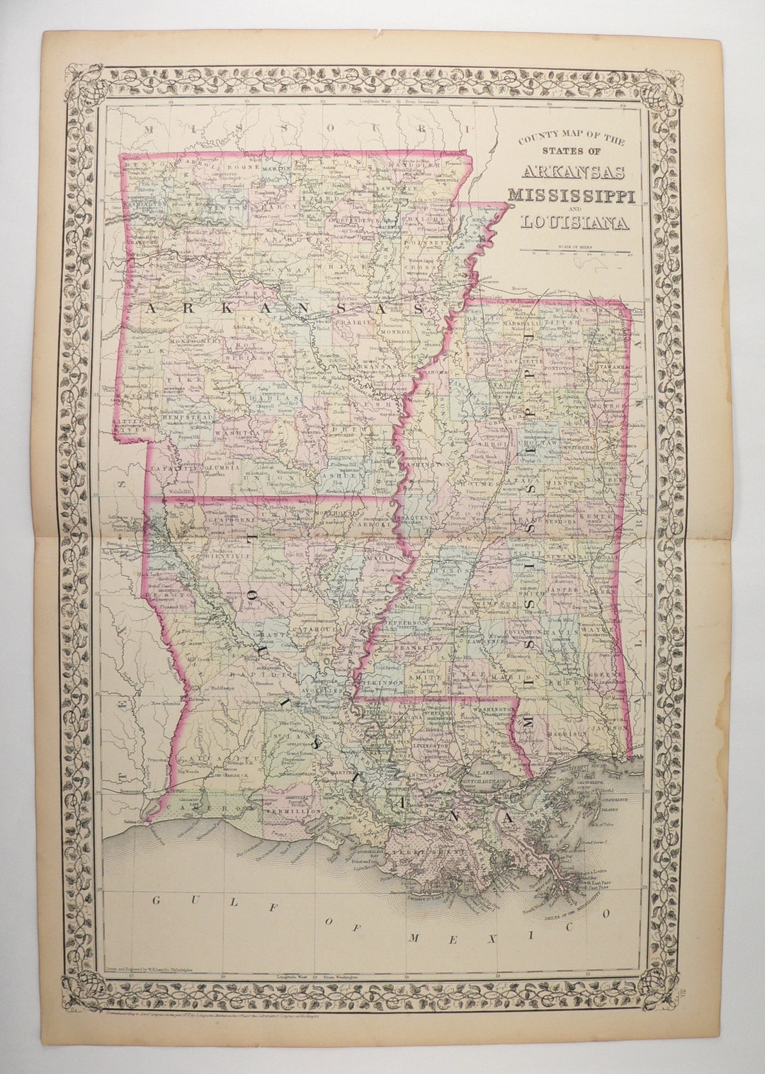 Vintage Gulf Coast State Map, Louisiana Mississippi and Arkansas Map