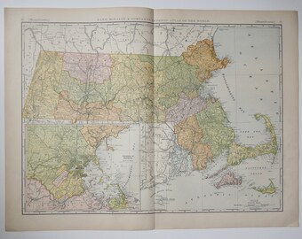 May include: A vintage map of Massachusetts, showing the state's counties and major cities. The map is divided into two sections, with the northern section showing the western part of the state and the southern section showing the eastern part of the state. The map is printed in a variety of colors, including green, yellow, and brown. The map is titled "Rand McNally & Company's Indexed Atlas of the World."