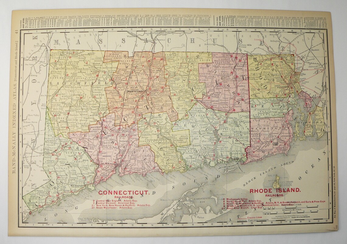 Antique Map of Connecticut Rhode Island 1908 Rand Mcnally - Etsy