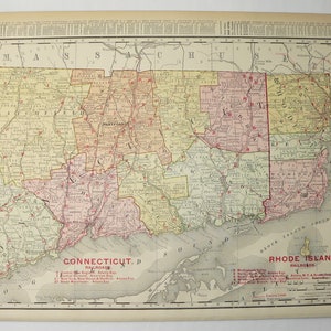 Antique Map of Connecticut Rhode Island 1908 Rand Mcnally Connecticut ...
