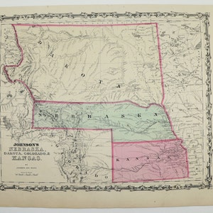 1862 Nebraska Map Kansas South Dakota Map North Dakota Colorado Map 1862 Johnson Map, US History Antique Map, Man Cave Art Gift for Guy