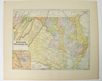 1896 Vintage Maryland and Delaware Map, Antique Home Decor