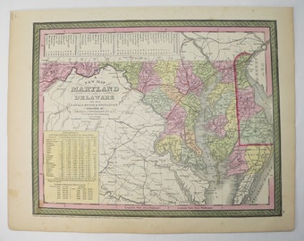 1854 Mitchell Maryland and Delaware Map, Original Antique Map with Hand Color