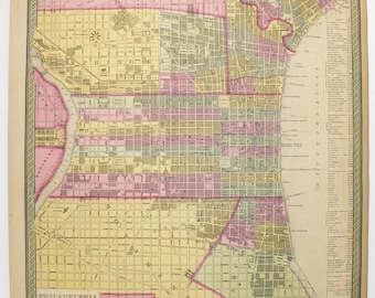 Original 1852 Philadelphia Map, Antique Map Philadelphia Street Map, 1852 Mitchell Cowperthwait Map, Philadelphia Gift for Guy Old Map Art