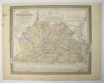 1854 Mitchell Map of Virginia before West Virginia Split, Original Antique Map from Mitchell Atlas, Virginia Historical Map