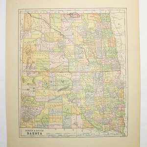 Vintage Map North Dakota, South Dakota Map 1896 Original Antique Map of South Dakota, North Dakota Map Art, Office Gift for Coworker