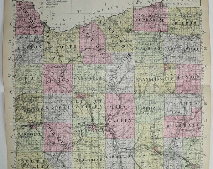 Large Map 1912 Cattaraugus County NY Map, New York County Map, Allegany