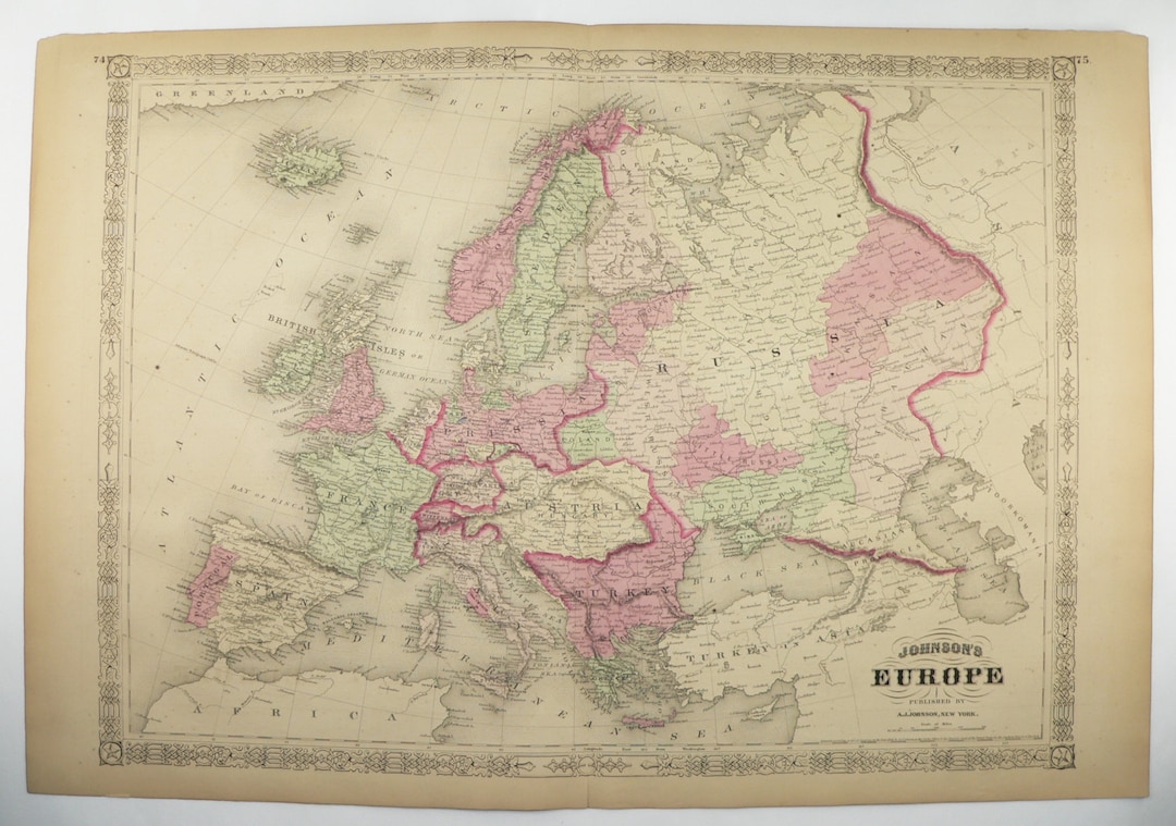 Old World Europe Map, 1867 Johnson Map, Europe Vintage Decor, 1st