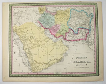 1854 Mitchell Map of Persia, Iran, Saudi Arabia, Afghanistan and Baloochistan, Middle East Map, Original Antique Map, Persian Gulf Map