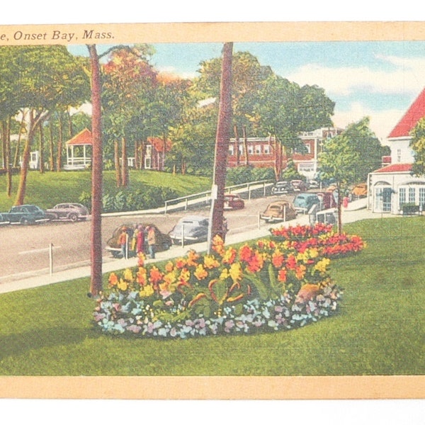 Park Scene, Onset Bay, Massachusetts, Vintage Postcard 1950s Color Post Card, Vintage Massachusetts Postcard