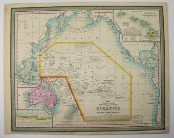 1854 Mitchell Map of Oceanica, Original Antique Map, Polynesia, Pacific Ocean Island, Vintage Oceania Map, Australia, Hawaii, Tropical Decor