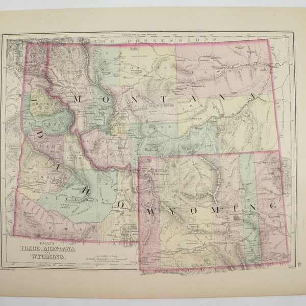 Wyoming Map, Montana Idaho Map Utah, WY Map mt id map ut 1876 OW Gray Map, Western US State Map, Man Cave Decor Gift for Him, Antique Map