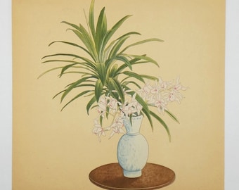 Cymbidium Orchid and Dracaena 1936 Ikebana Art Print, Vintage Botanical Print, Japanese Flower Arrangement, Old Flower Art Print