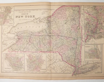 1886 Large Map of New York Map 1886 Original Antique Map by Bradley Mitchell, Hand Colored NY Map