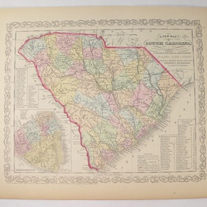 1858 South Carolina Map REAL Hand color Antique Charleston Christ Church Savannah River Sumter Cannon Wragg Mazyck Radcliffe Bulls Island