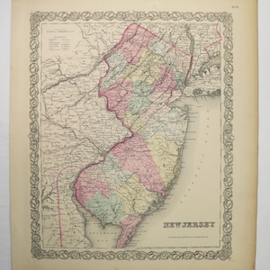 Original Antique Map of New Jersey 1856 Colton New Jersey Map, New Jersey Gift for Friend, Unique Birthday Gift, Jersey Shore Coastal Decor