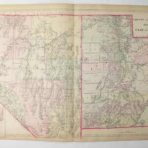 1886 Bradley Map of Nevada and Utah, Original Vintage Map with Hand Color, Southwestern Decor
