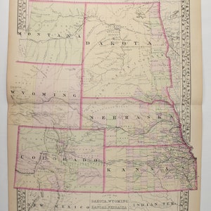 Antique US Map Colorado Dakota Map, Wyoming Nebraska Map Kansas Montana Map 1872 Mitchell Map, Historical Map Midwest