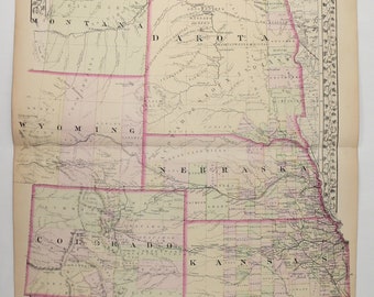 Antique US Map Colorado Dakota Map, Wyoming Nebraska Map Kansas Montana Map 1872 Mitchell Map, Historical Map Midwest