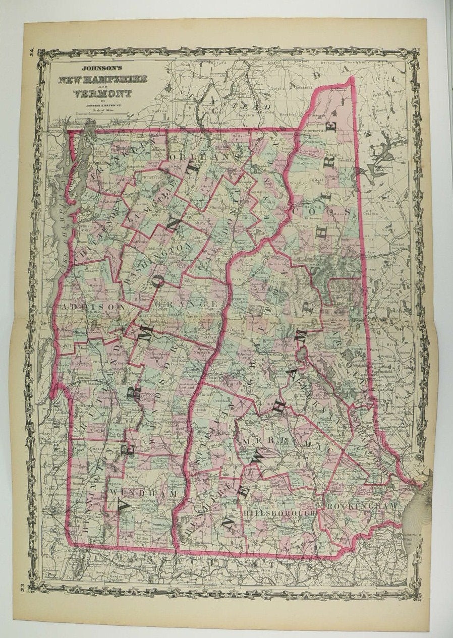 Original 1862 Johnson Vermont and New Hampshire Map Large Etsy