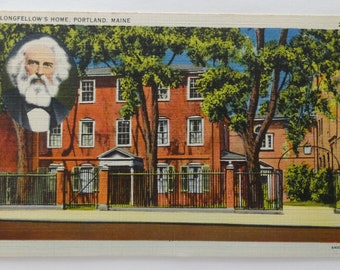 Longfellows Home Portland ME Postcard, Vintage Color Postcard, American Poet Henry Wadsworth Longfellow