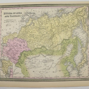 Antique Map Russia in Asia, Siberia Map Mongolia 1855 Mitchell Map, Old World Travel Map, Russian Art Gift for Him, Historical Map Gift