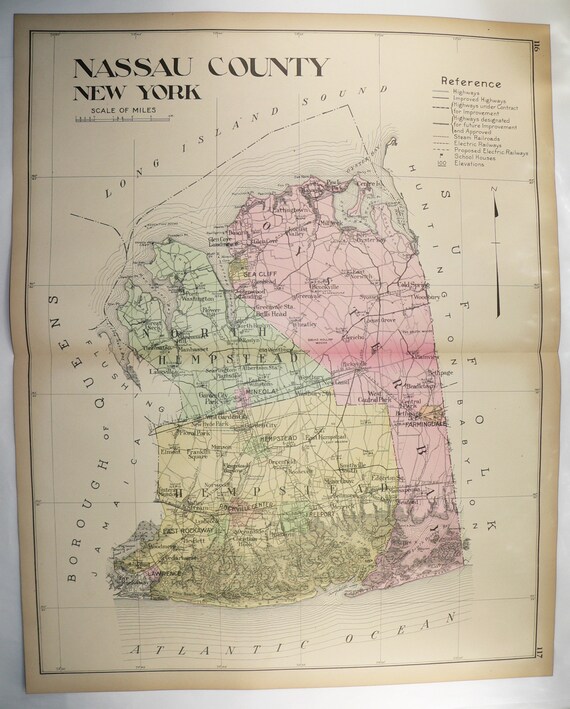 1912 Nassau County NY Map Original Large Map Genealogy Etsy
