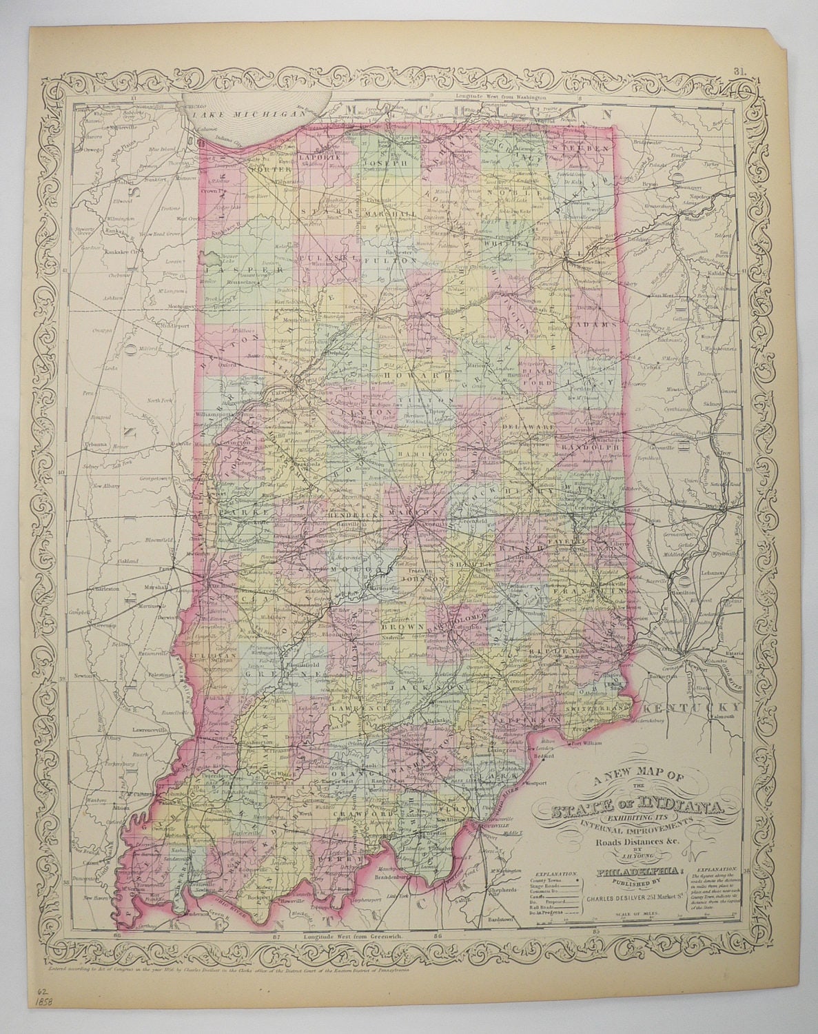 Antique Indiana Map 1858 Mitchell DeSilver IN Map Original Etsy