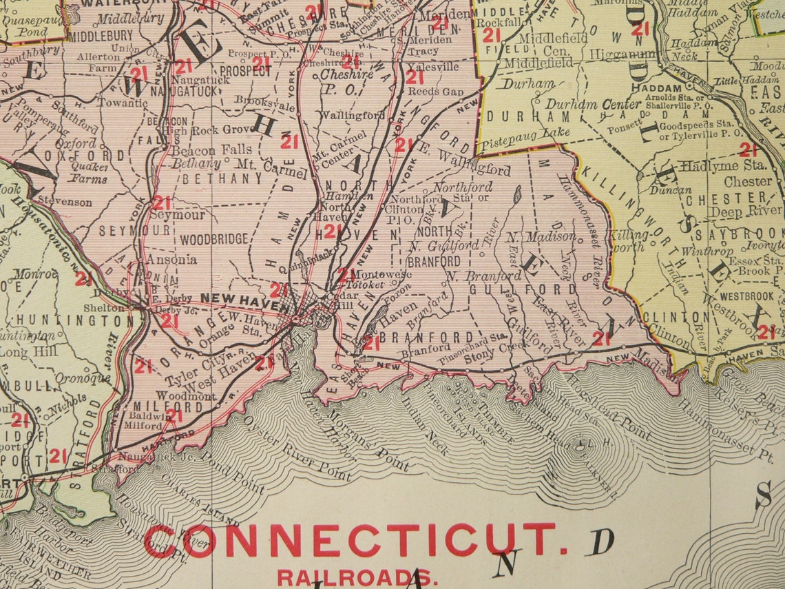 Antique Map of Connecticut Rhode Island 1908 Rand Mcnally - Etsy