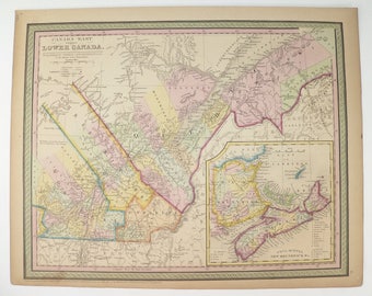 May include: An antique map of Canada East and Lower Canada, published by Thomas Cowperthwait & Co. in Philadelphia. The map is printed in black and white with colored borders and highlights. The map shows the provinces of Canada East, Canada West, New Brunswick, Nova Scotia, and Prince Edward Island.