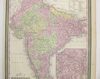 Original 1854 Mitchell Map of India, Hindoostan Map, Ceylon Sri Lanka Map Nepal, Original Antique Map, British India Map