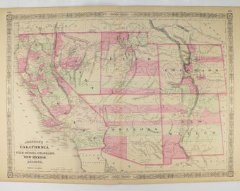 1864 Johnson Map of California, Colorado, New Mexico, Arizona, Nevada and Utah, Western US States, Original Antique Map